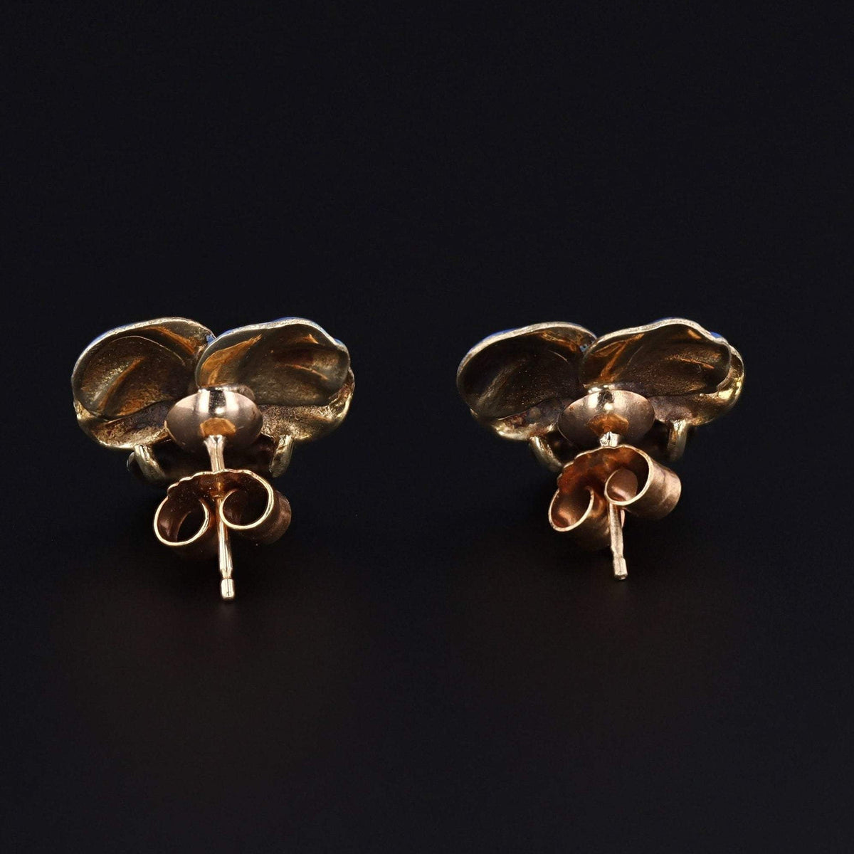 Vintage Pansy Earrings | 14k Gold &amp; Enamel Pansy Earrings - Trademark Antiques