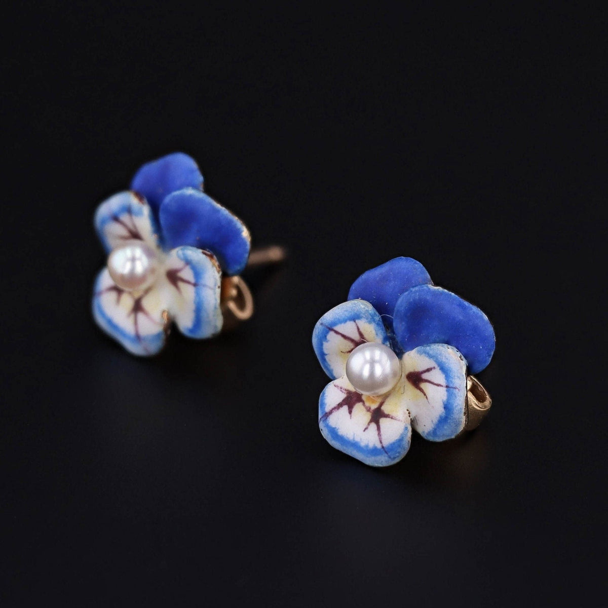 Vintage Pansy Earrings | 14k Gold &amp; Enamel Pansy Earrings - Trademark Antiques