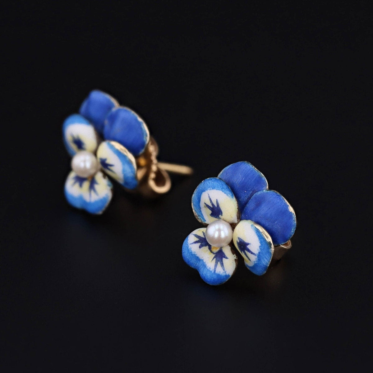Vintage Pansy Earrings | 14k Gold &amp; Enamel Pansy Earrings - Trademark Antiques