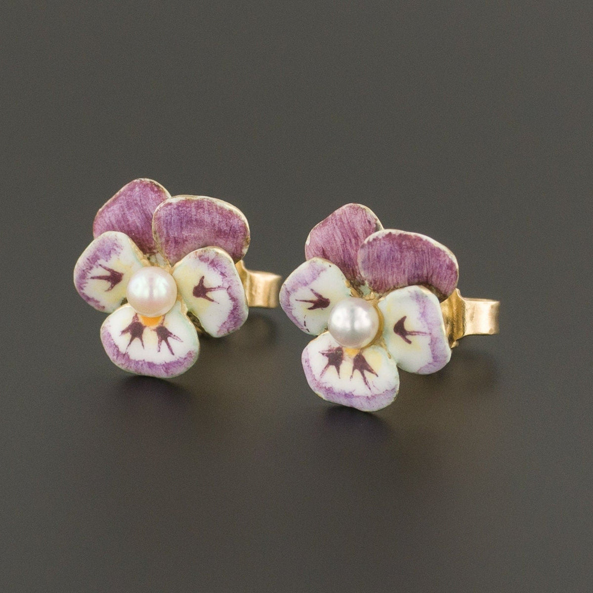 Vintage Pansy Earrings | 14k Gold &amp; Enamel Pansy Earrings - Trademark Antiques