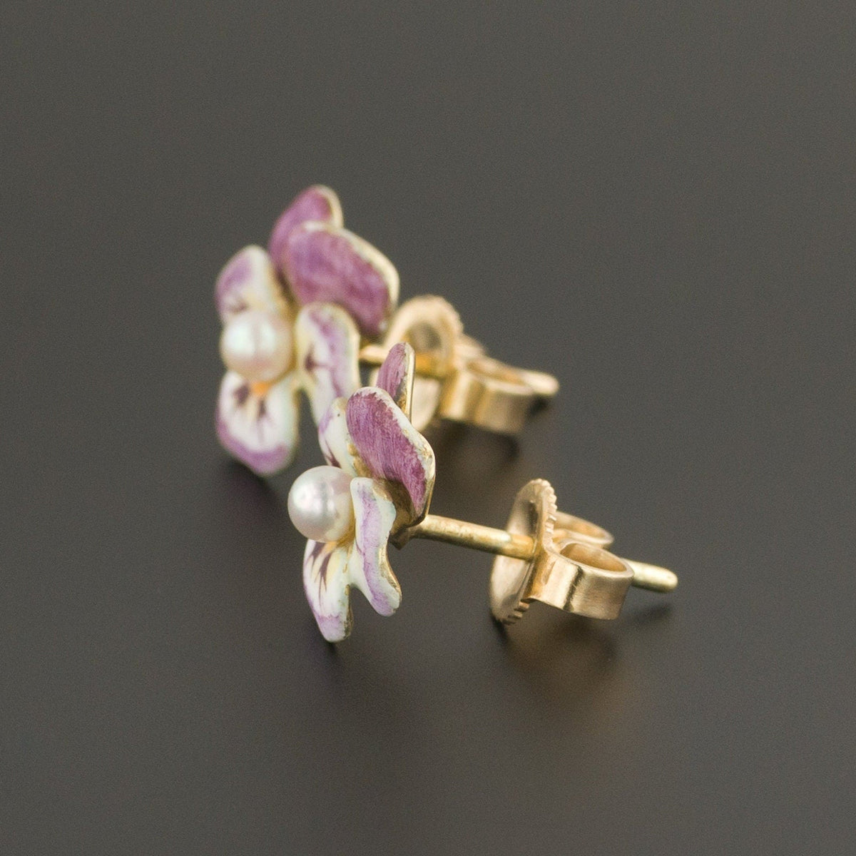 Vintage Pansy Earrings | 14k Gold &amp; Enamel Pansy Earrings - Trademark Antiques