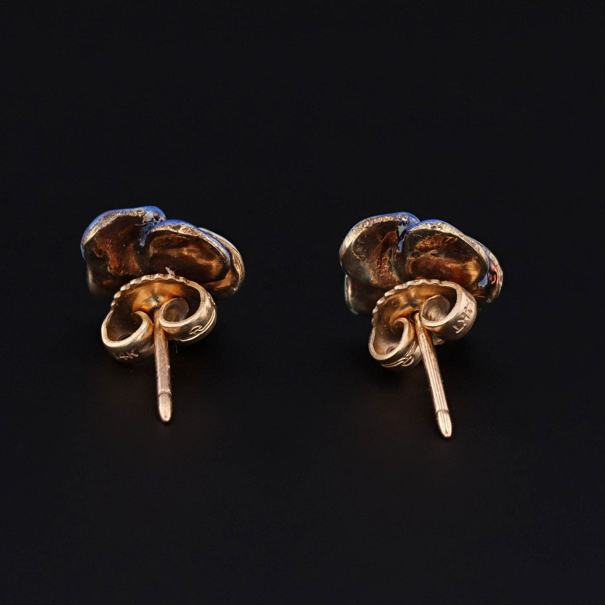 Vintage Pansy Earrings | 14k Gold &amp; Enamel Pansy Earrings - Trademark Antiques