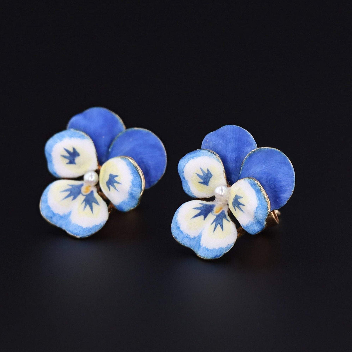 Vintage Pansy Earrings | 14k Gold &amp; Enamel Pansy Earrings - Trademark Antiques