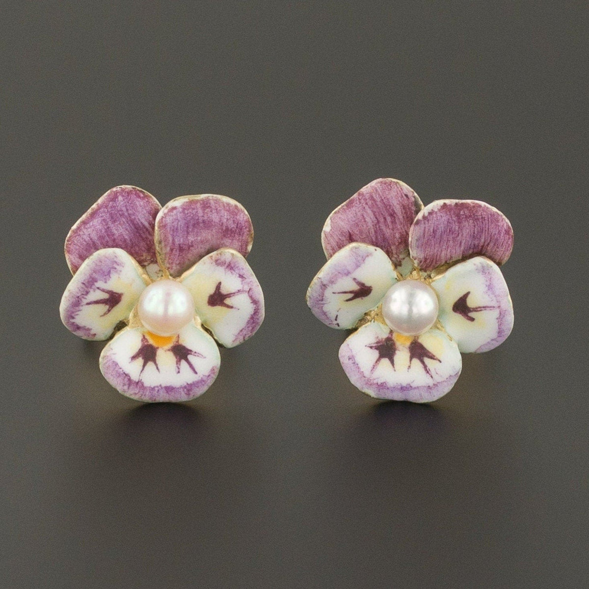 Vintage Pansy Earrings | 14k Gold &amp; Enamel Pansy Earrings - Trademark Antiques