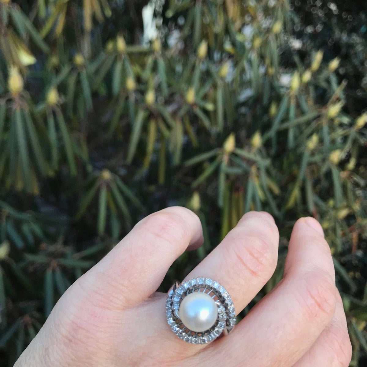 Vintage Pearl and Diamond Ring | 18k White Gold Pearl Ring - Trademark Antiques