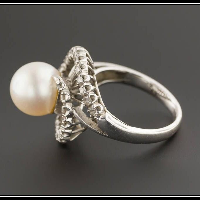 Vintage Pearl and Diamond Ring | 18k White Gold Pearl Ring - Trademark Antiques