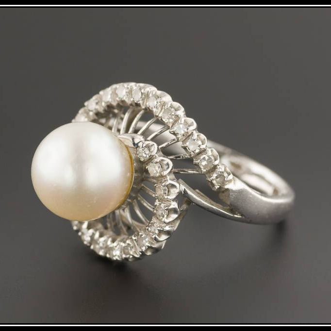 Vintage Pearl and Diamond Ring | 18k White Gold Pearl Ring - Trademark Antiques