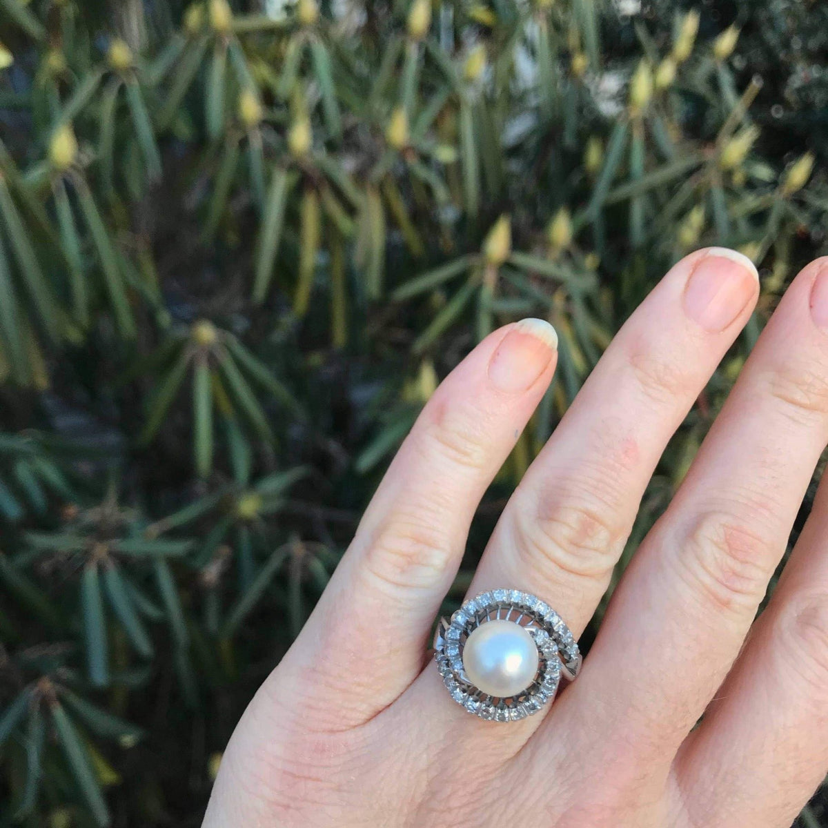 Vintage Pearl and Diamond Ring | 18k White Gold Pearl Ring - Trademark Antiques