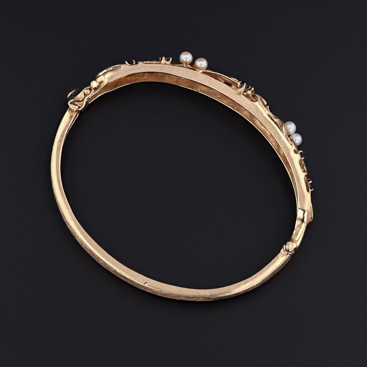 Vintage Pearl and Sapphire Bangle Bracelet of 14K Gold - Trademark Antiques