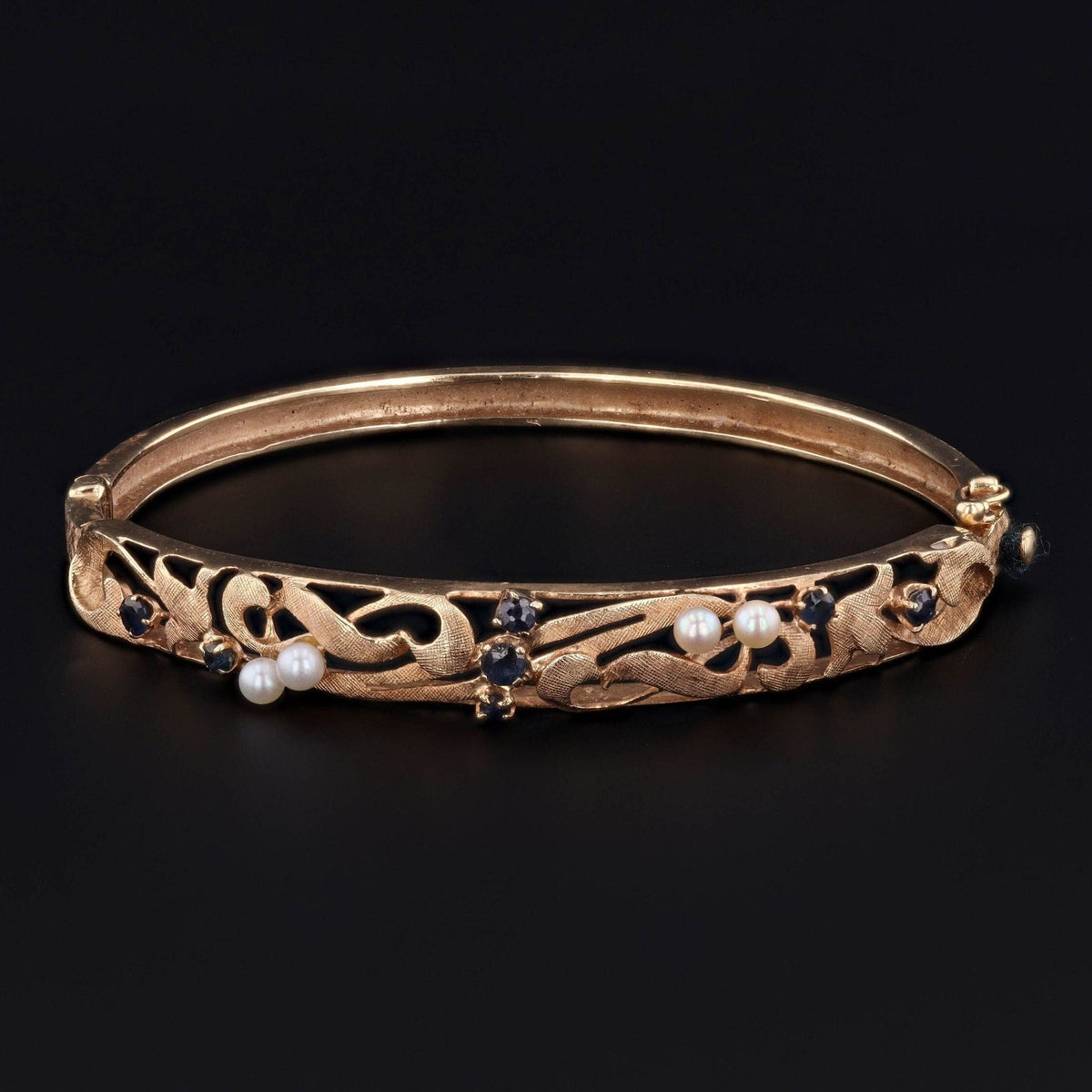 Vintage Pearl and Sapphire Bangle Bracelet of 14K Gold - Trademark Antiques