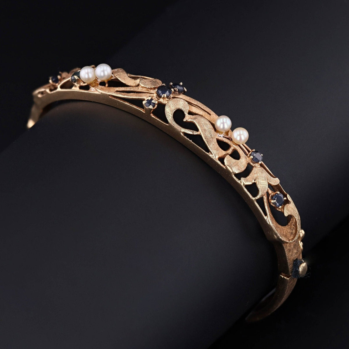 Vintage Pearl and Sapphire Bangle Bracelet of 14K Gold - Trademark Antiques