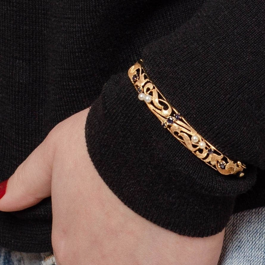 Vintage Pearl and Sapphire Bangle Bracelet of 14K Gold - Trademark Antiques