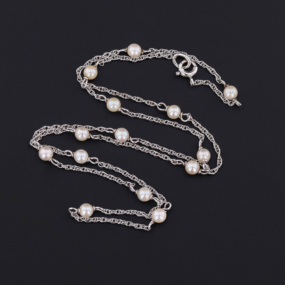 Vintage Pearl Chain Necklace of 14k White Gold - Trademark Antiques