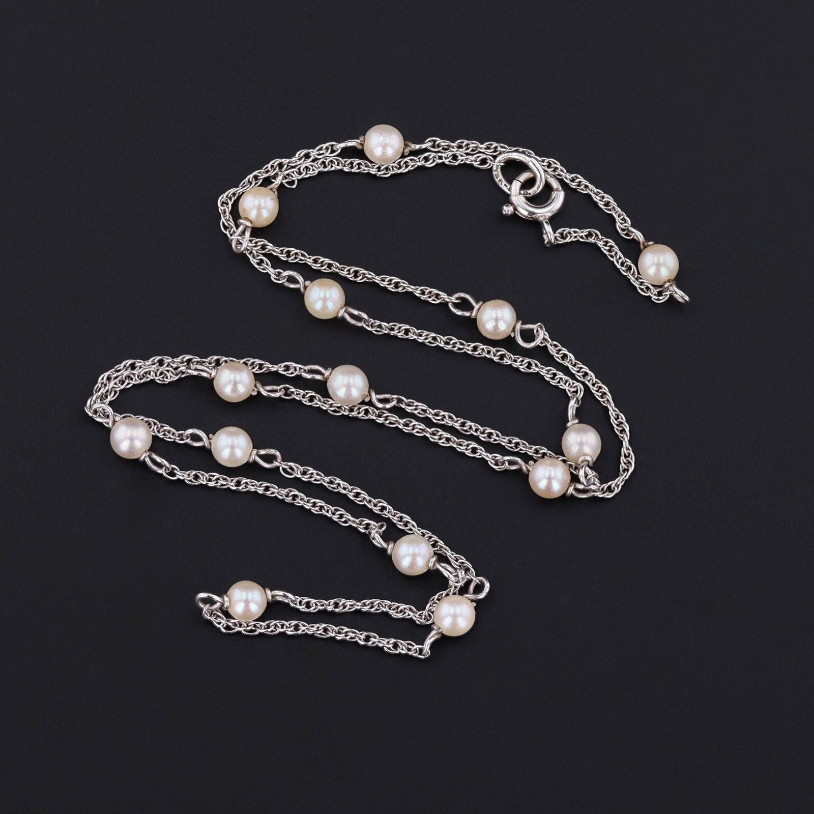 Vintage Pearl Chain Necklace of 14k White Gold - Trademark Antiques