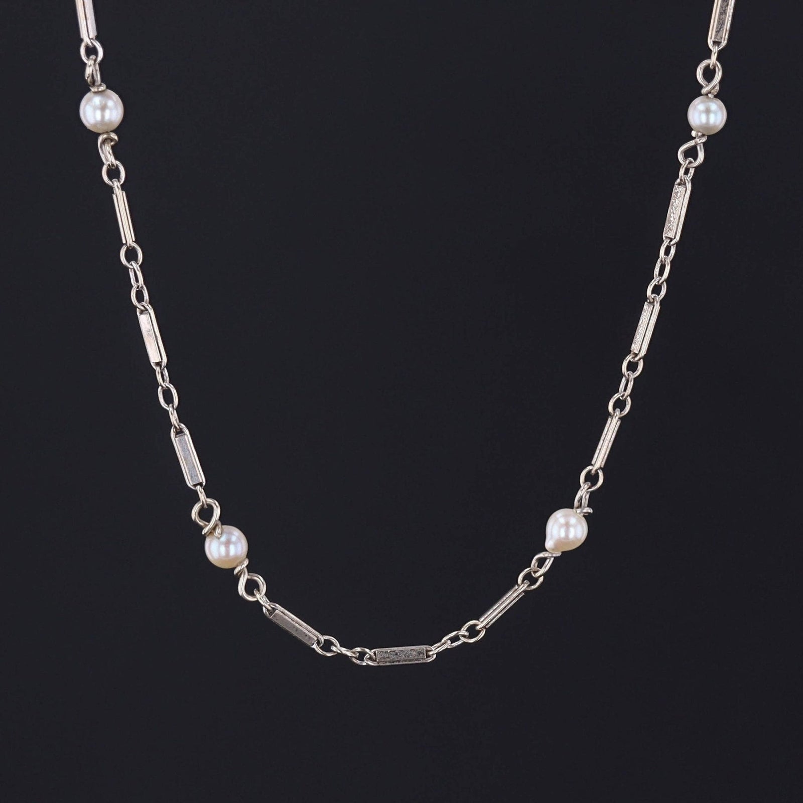 Vintage Pearl Necklace Chain of 14k White Gold - Trademark Antiques