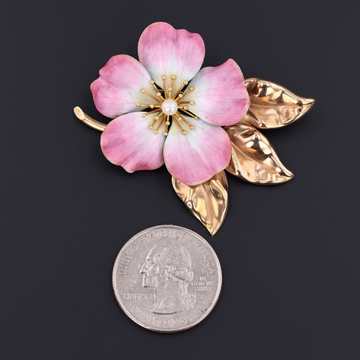 Vintage Pink Enamel Flower Brooch of 14k Gold by A.J. Hedges - Trademark Antiques