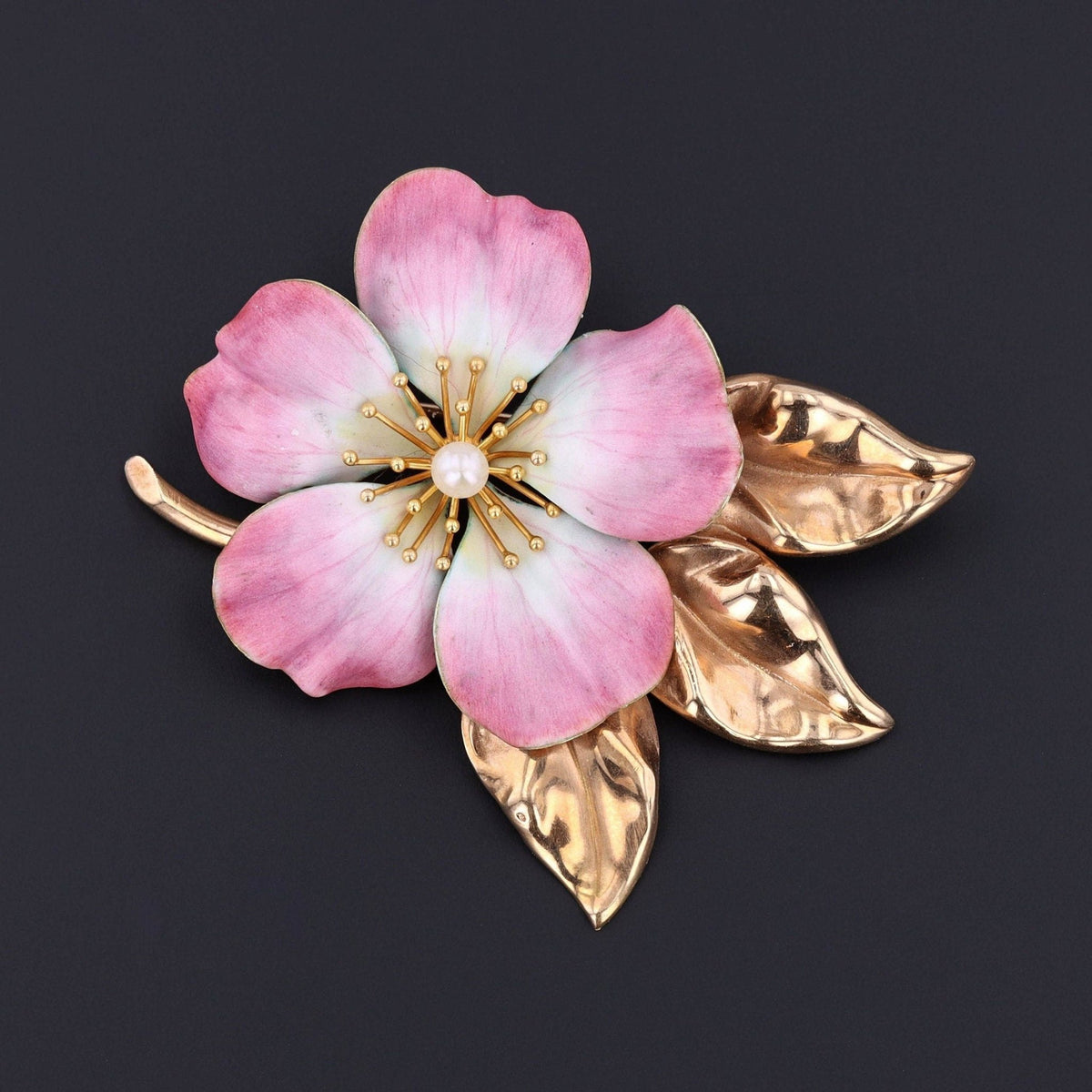 Vintage Pink Enamel Flower Brooch of 14k Gold by A.J. Hedges - Trademark Antiques