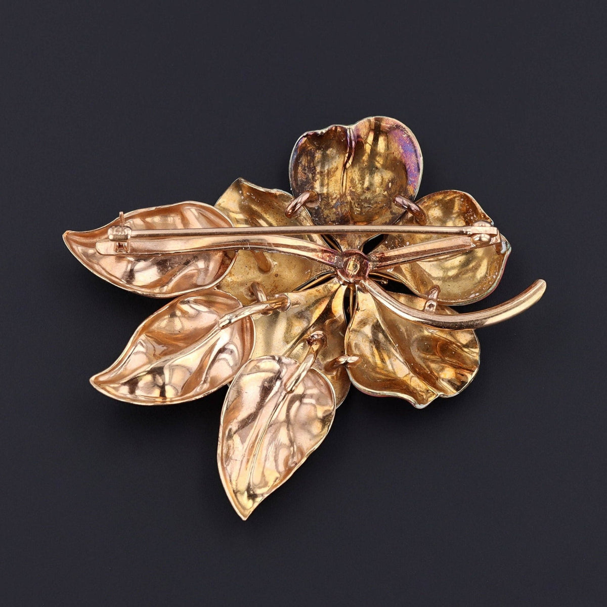 Vintage Pink Enamel Flower Brooch of 14k Gold by A.J. Hedges - Trademark Antiques