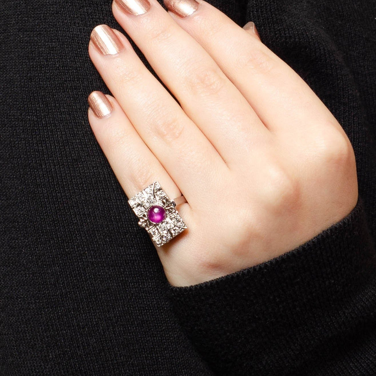 Vintage Pink Star Sapphire and Diamond Ring of 14k White Gold - Trademark Antiques