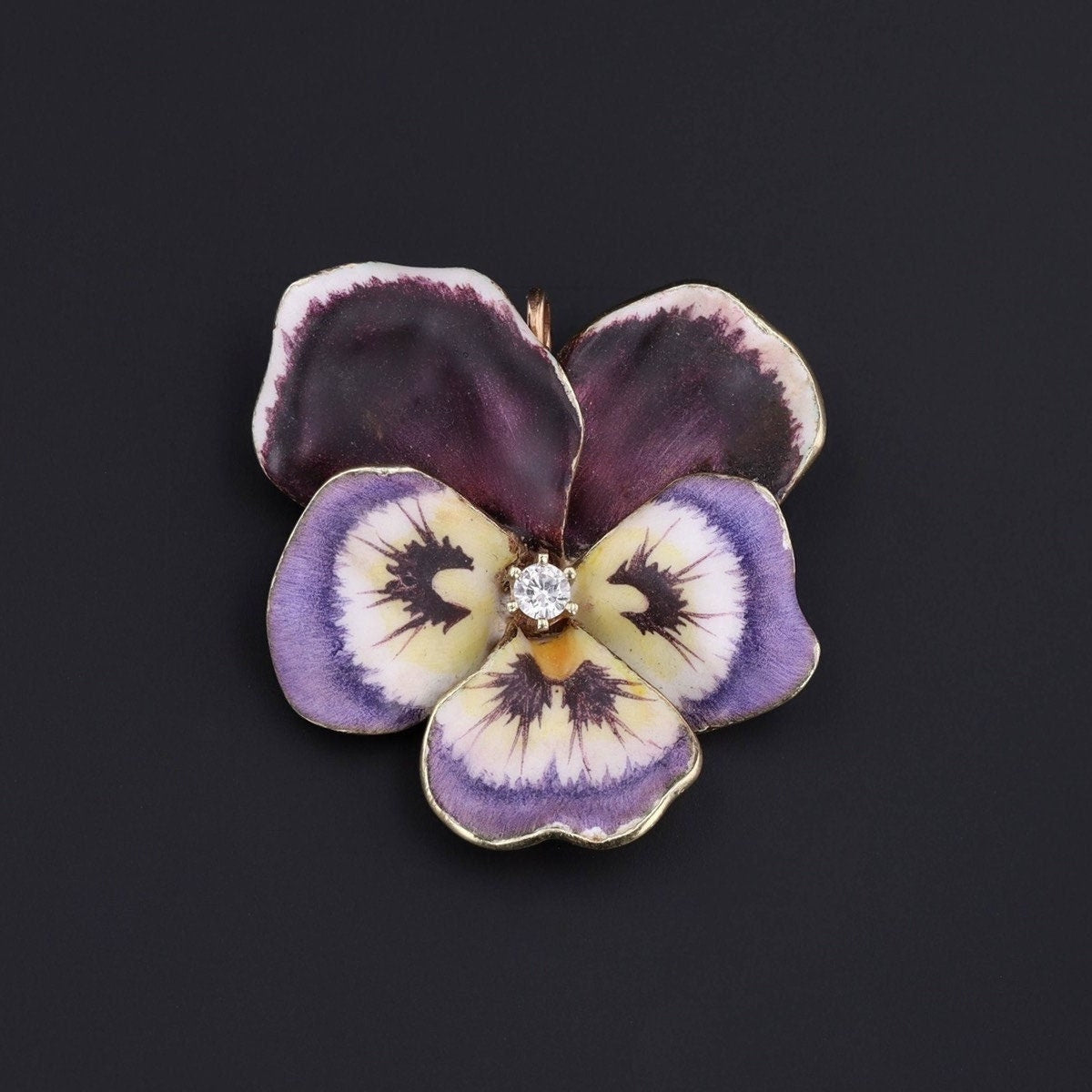 Vintage Purple Enamel and Diamond Pansy Brooch of 14k Gold - Trademark Antiques