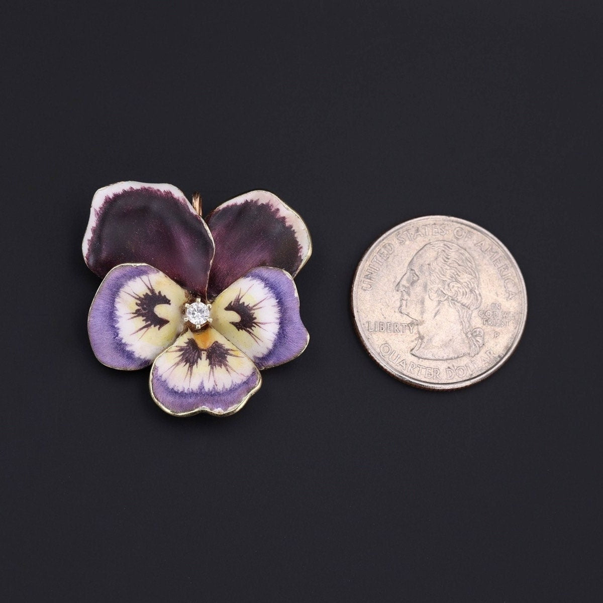 Vintage Purple Enamel and Diamond Pansy Brooch of 14k Gold - Trademark Antiques