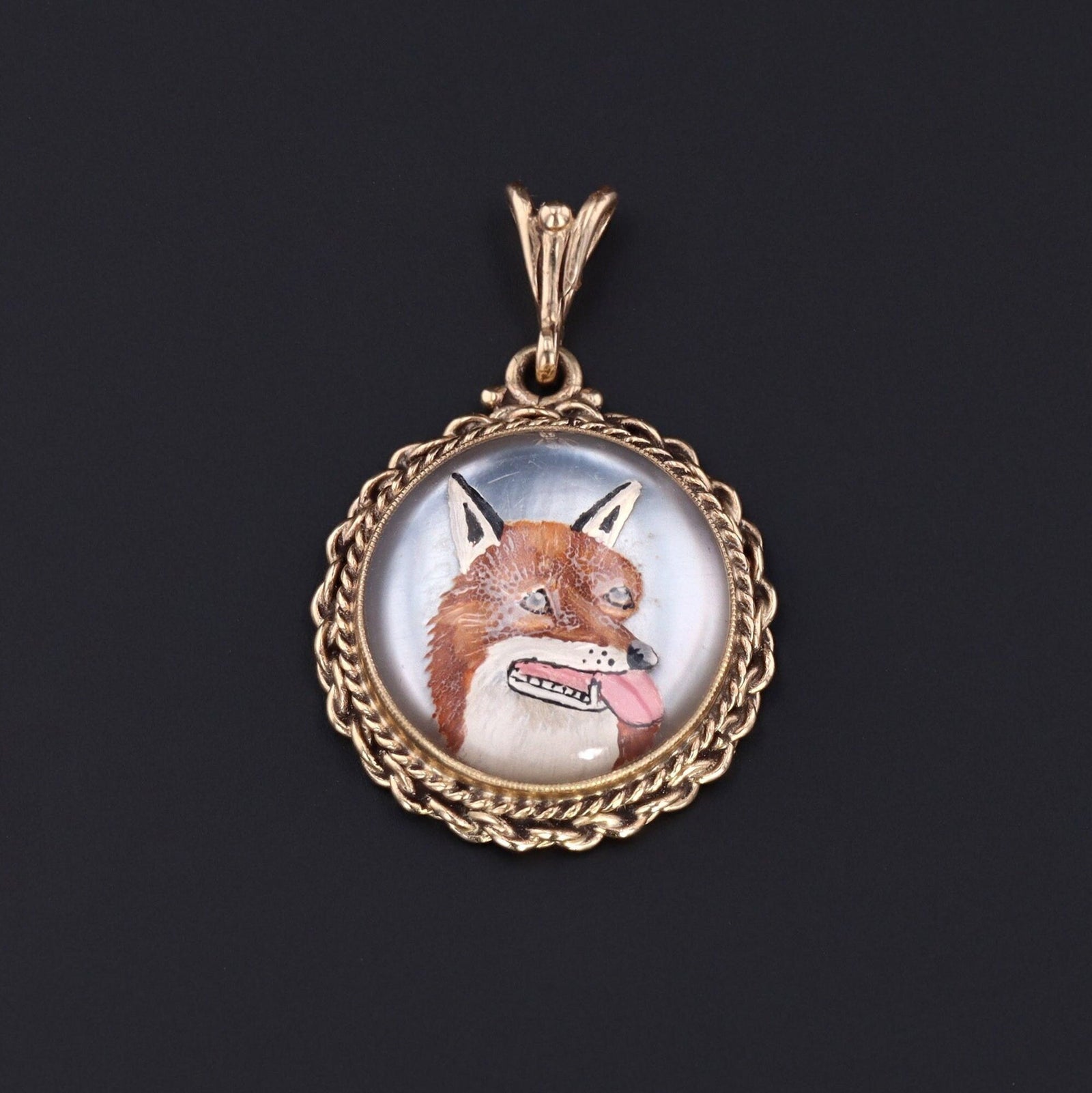 Vintage Reverse Carved and Painted Fox Pendant of 14k Gold - Trademark Antiques