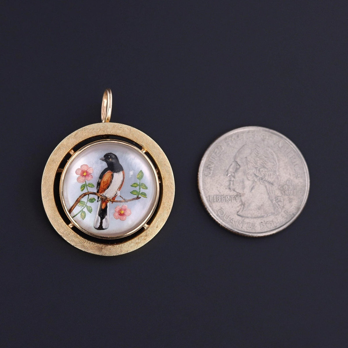 Vintage Reverse Carved &amp; Painted Rock Crystal Bird Pendant Brooch of 14k Gold - Trademark Antiques