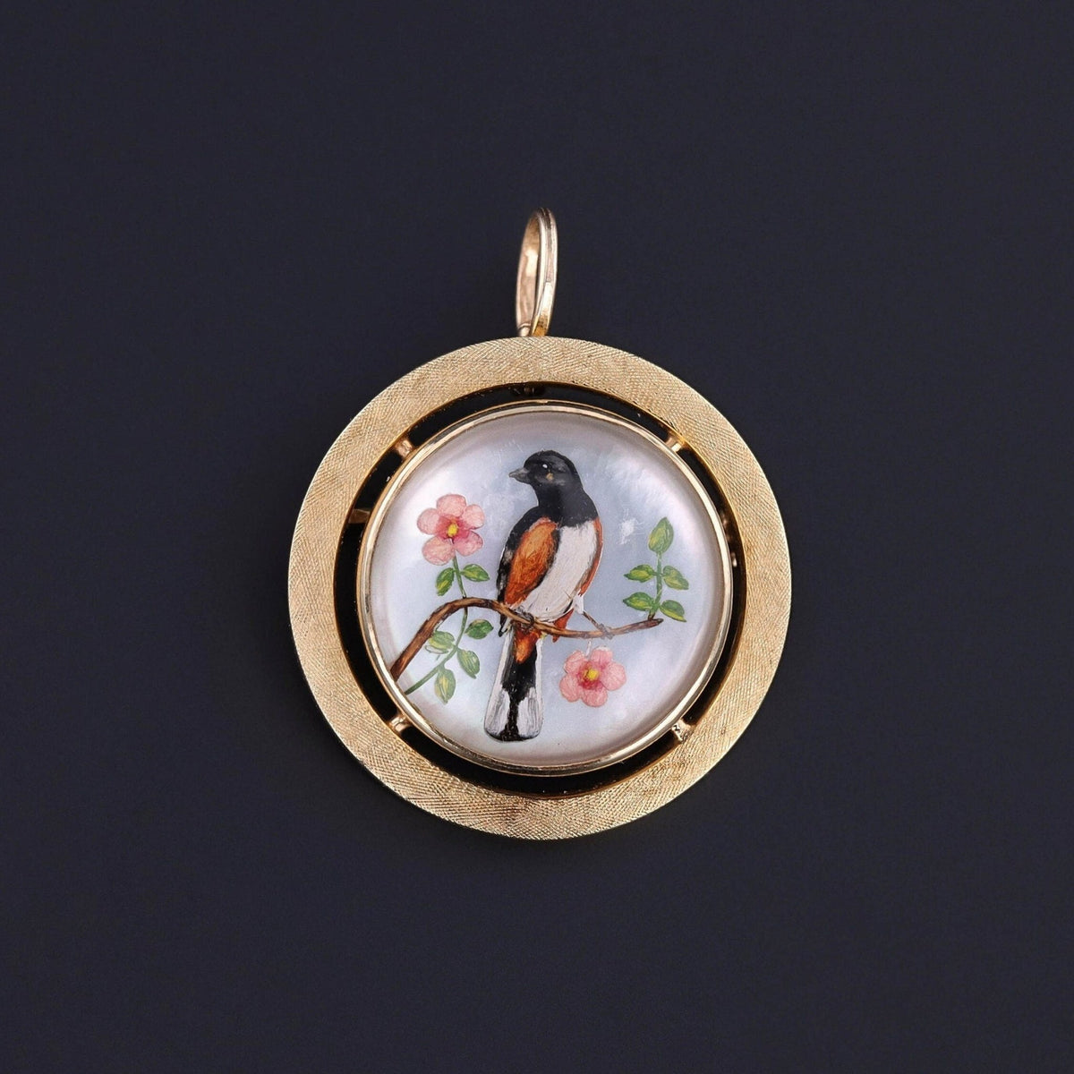 Vintage Reverse Carved &amp; Painted Rock Crystal Bird Pendant Brooch of 14k Gold - Trademark Antiques