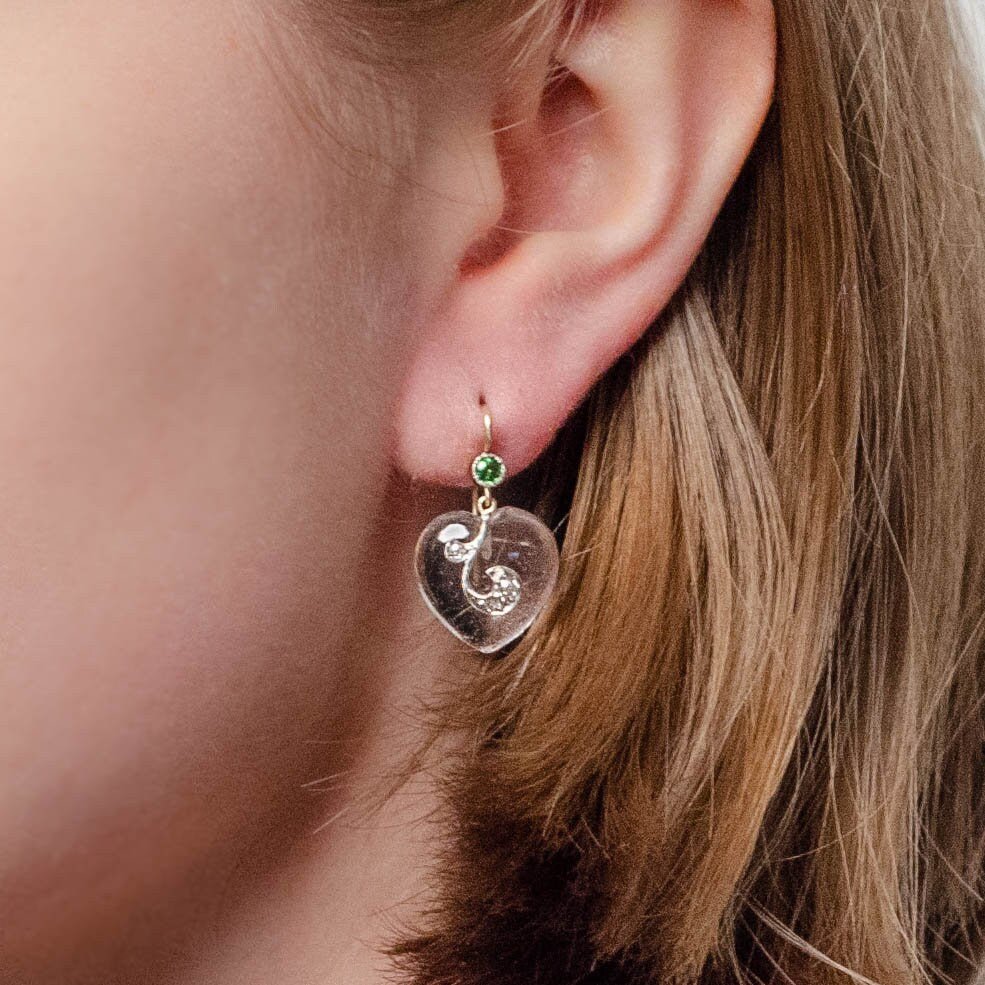 Vintage Rock Crystal Heart Earrings of 14k Gold - Trademark Antiques