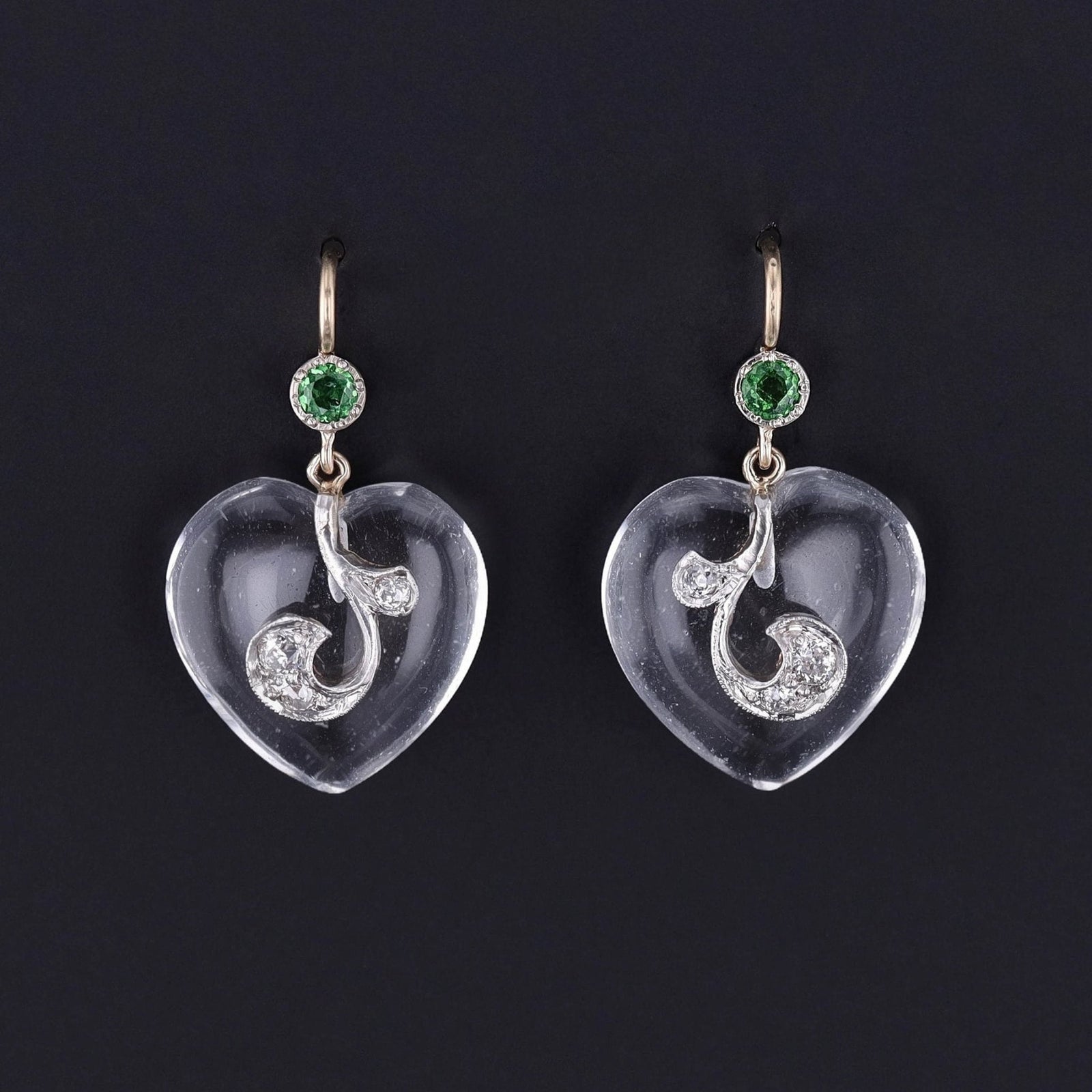 Vintage Rock Crystal Heart Earrings of 14k Gold - Trademark Antiques