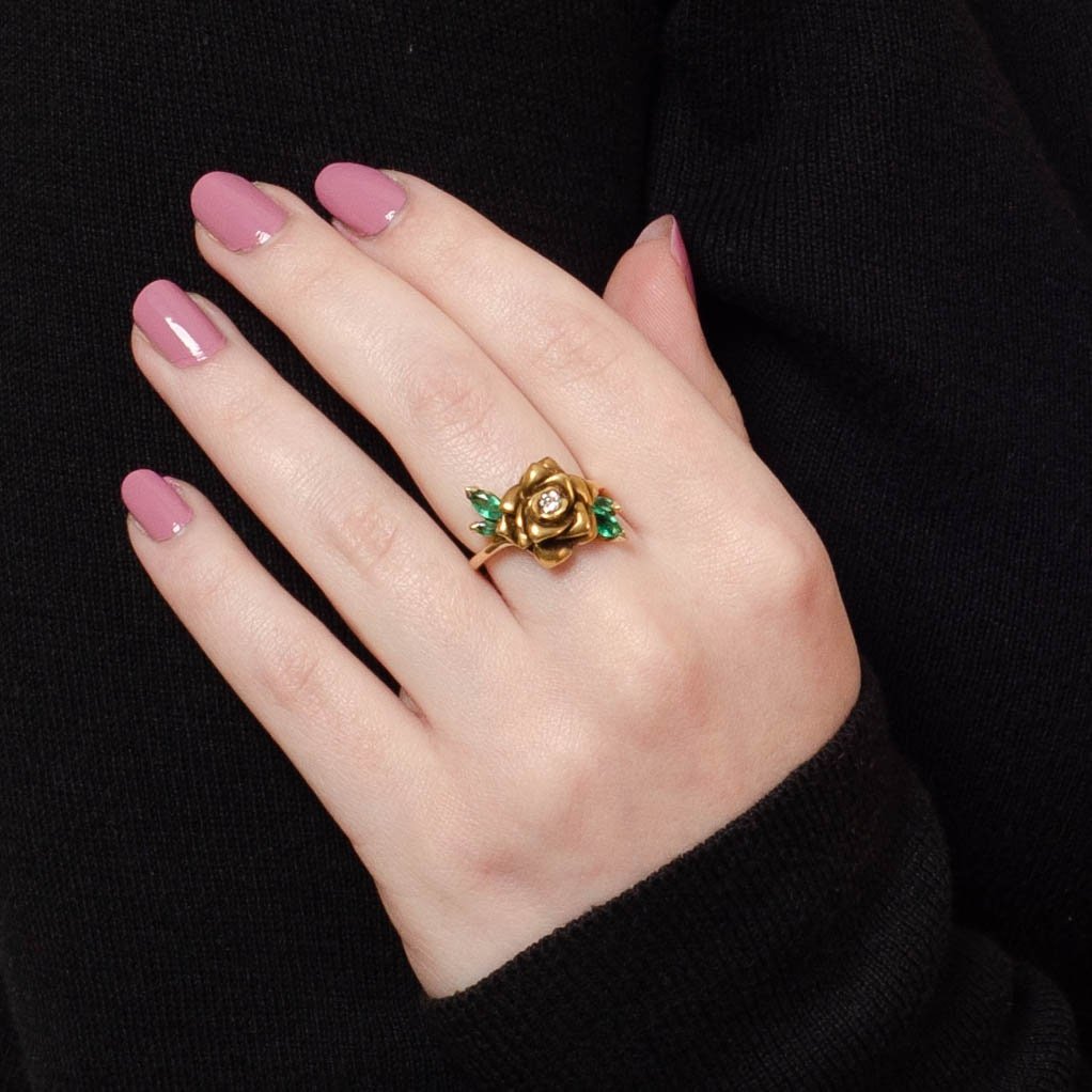 Vintage Rose Ring | Diamond &amp; Emerald Rose Ring - Trademark Antiques