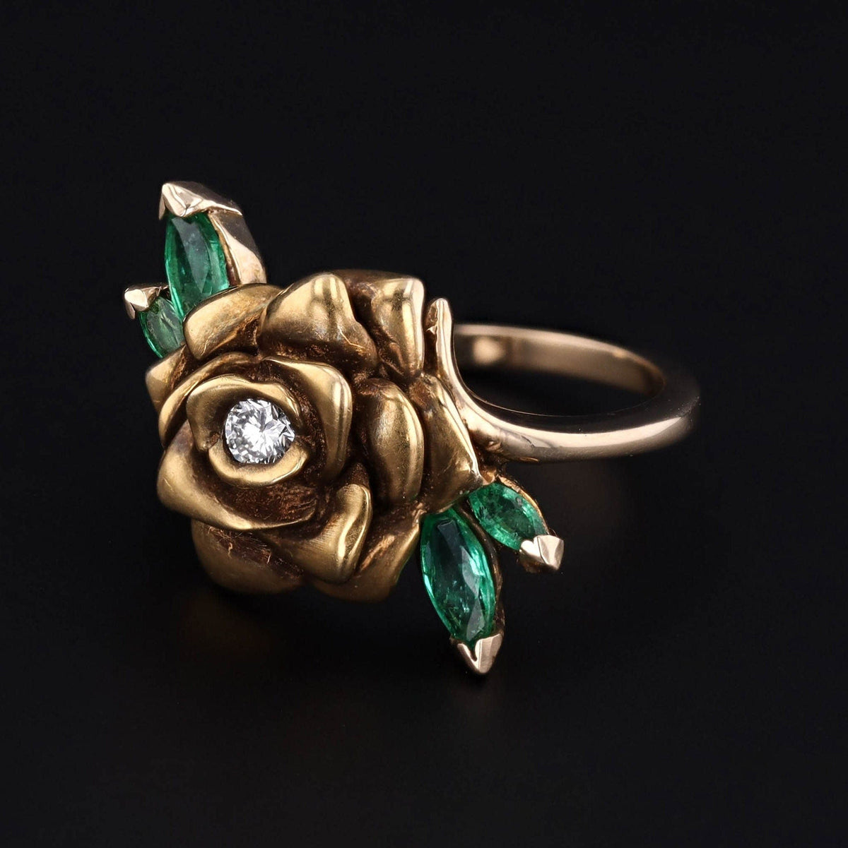 Vintage Rose Ring | Diamond &amp; Emerald Rose Ring - Trademark Antiques