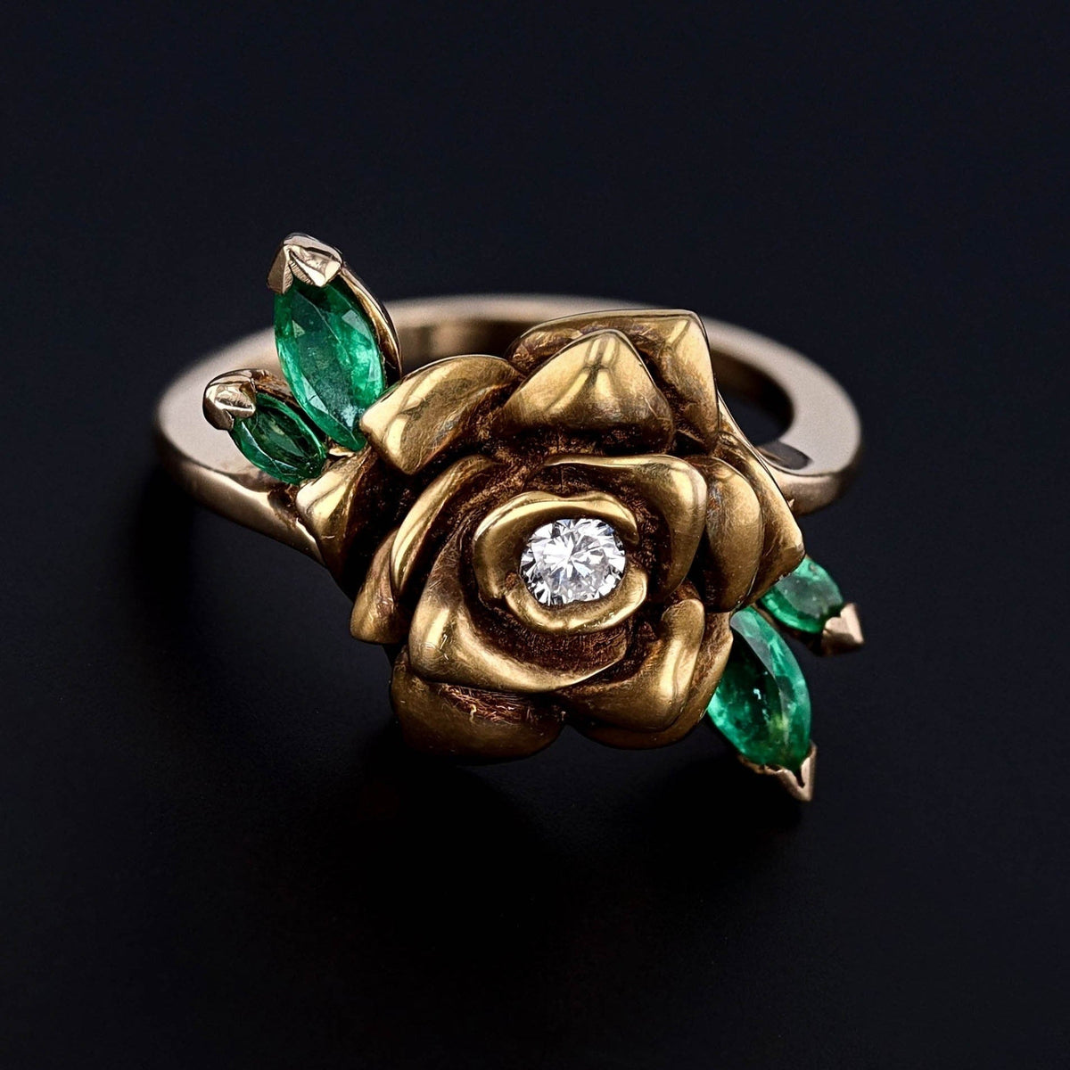 Vintage Rose Ring | Diamond &amp; Emerald Rose Ring - Trademark Antiques