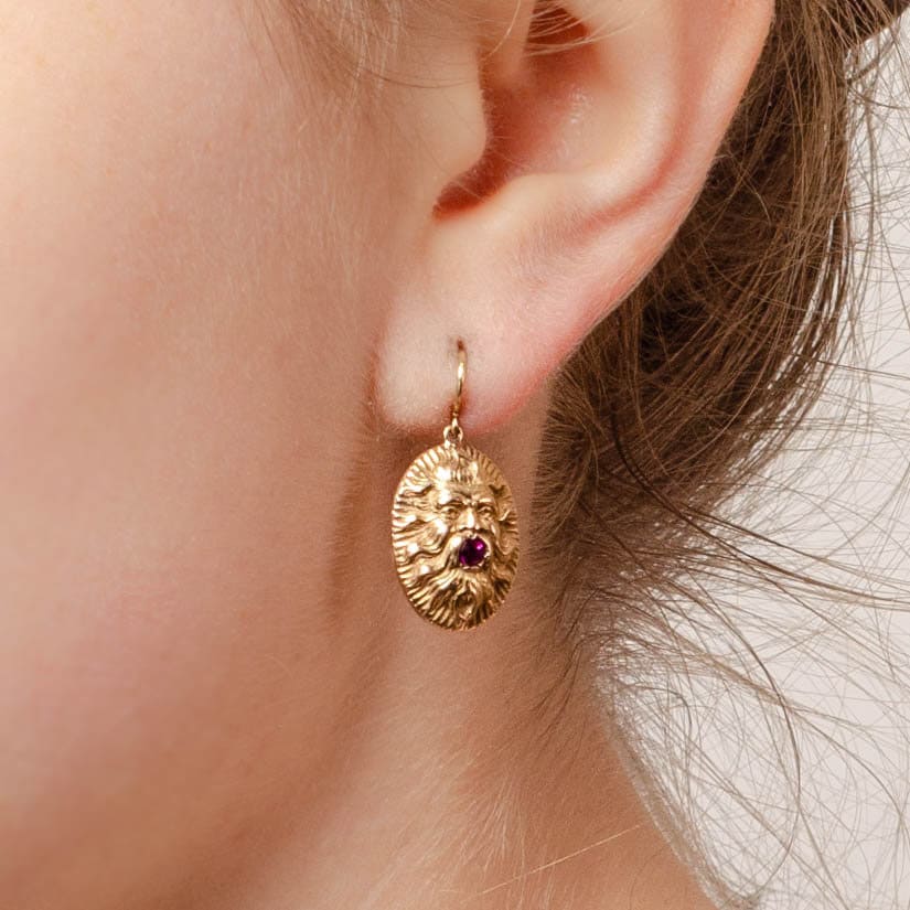 Vintage Ruby Gargoyle or Greenman Conversion Earrings of 14k Gold - Trademark Antiques