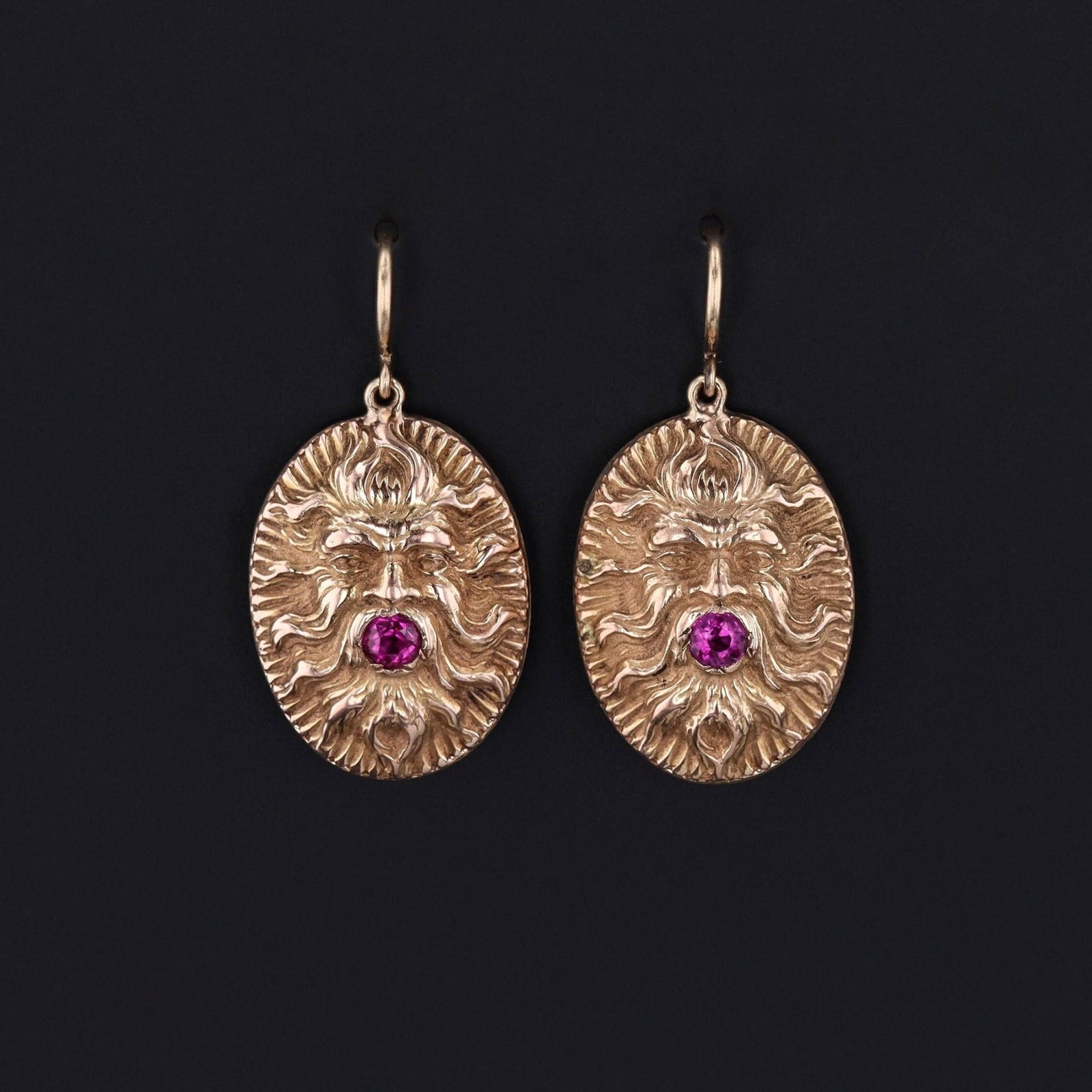Vintage Ruby Gargoyle or Greenman Conversion Earrings of 14k Gold - Trademark Antiques