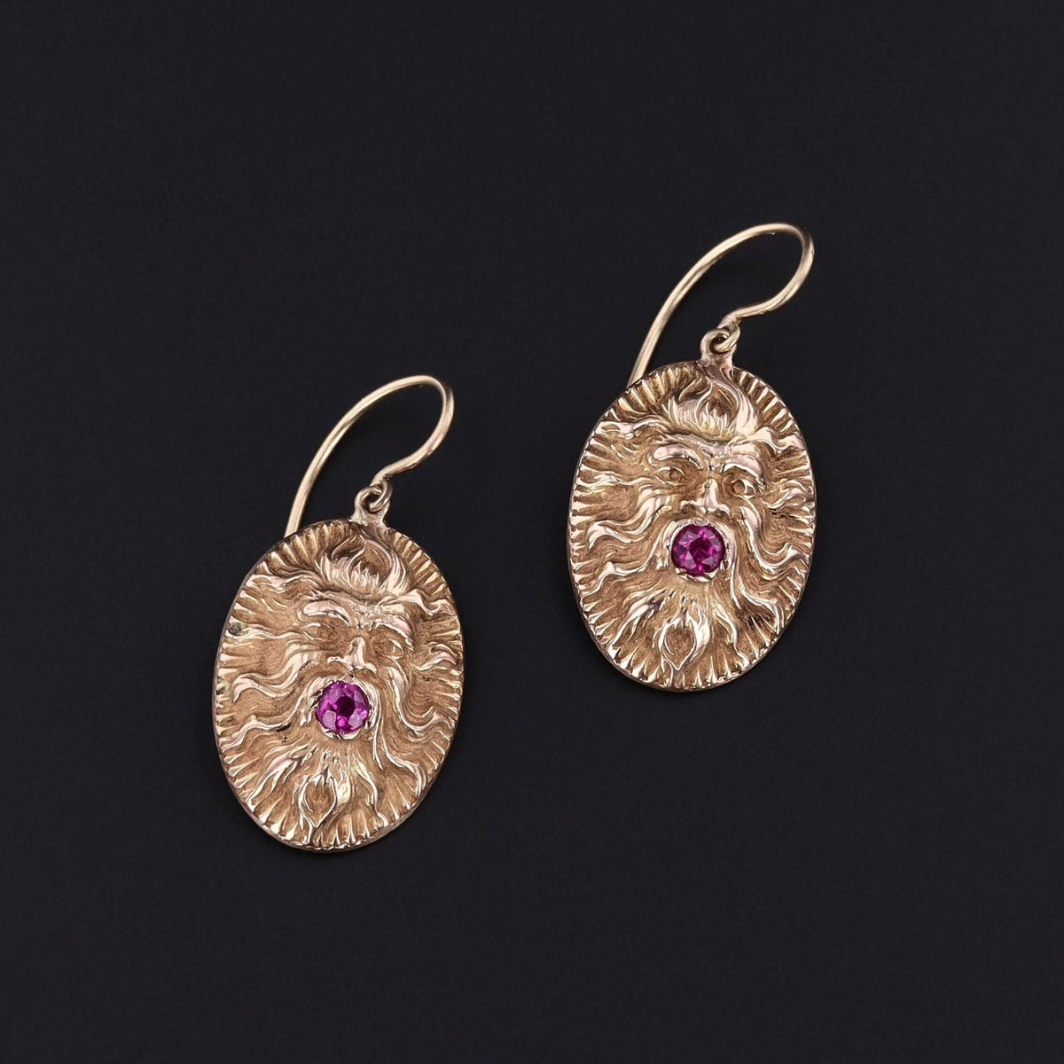 Vintage Ruby Gargoyle or Greenman Conversion Earrings of 14k Gold - Trademark Antiques