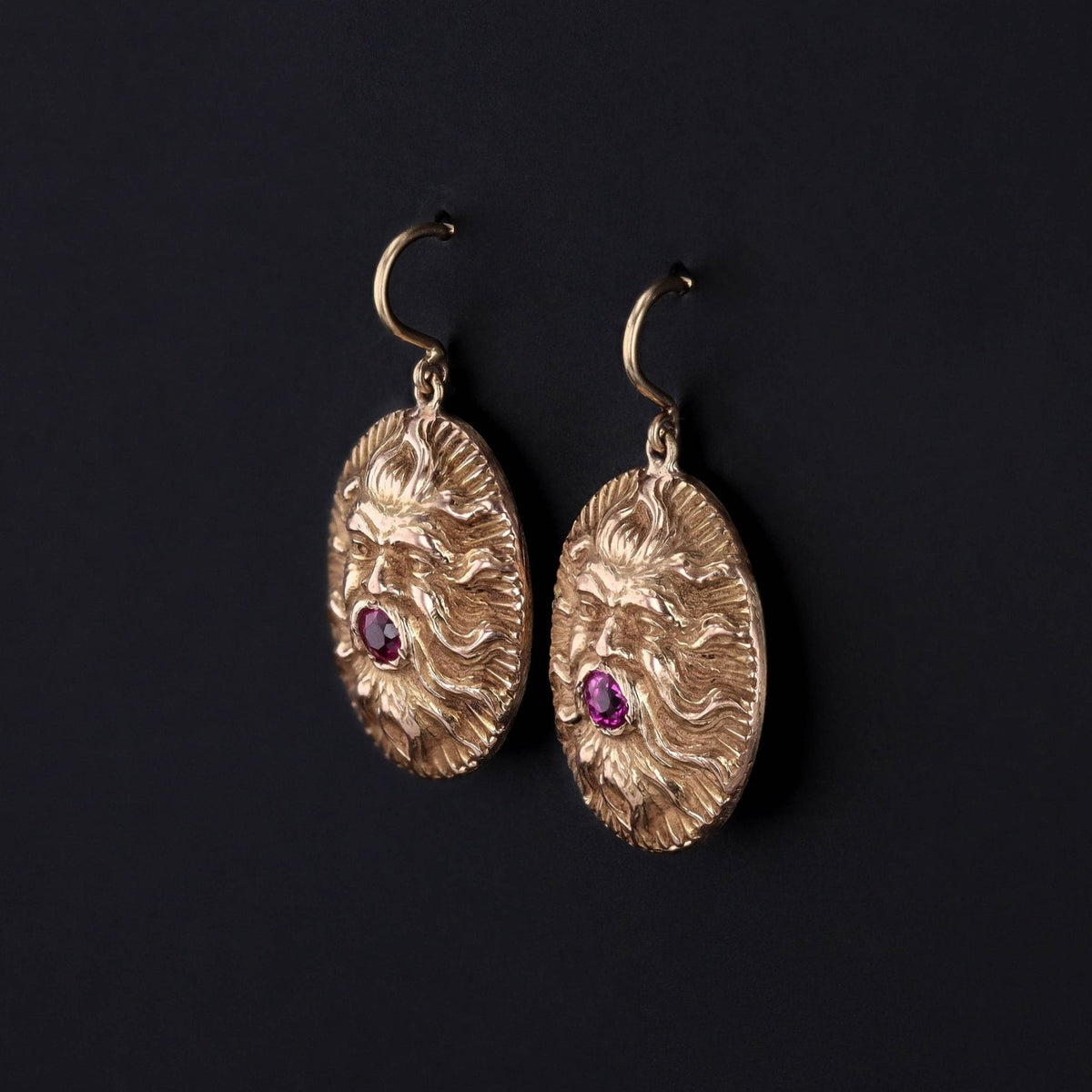 Vintage Ruby Gargoyle or Greenman Conversion Earrings of 14k Gold - Trademark Antiques