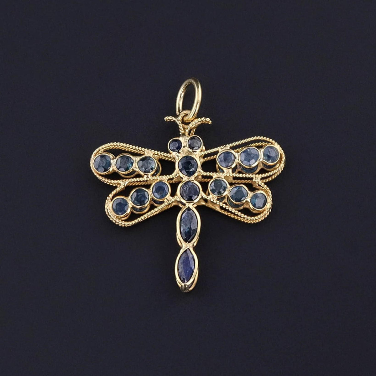 Vintage Sapphire Dragonfly Charm of 18k Gold - Trademark Antiques
