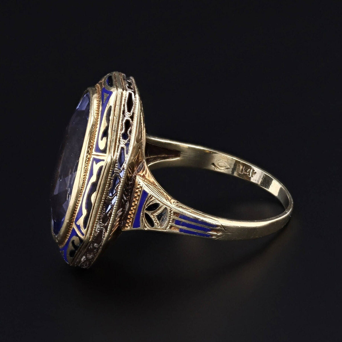 Vintage Sapphire Ring | Synthetic Sapphire &amp; Enamel Ring - Trademark Antiques