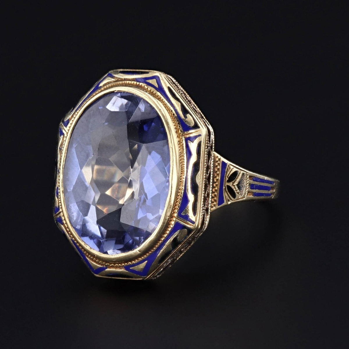 Vintage Sapphire Ring | Synthetic Sapphire &amp; Enamel Ring - Trademark Antiques