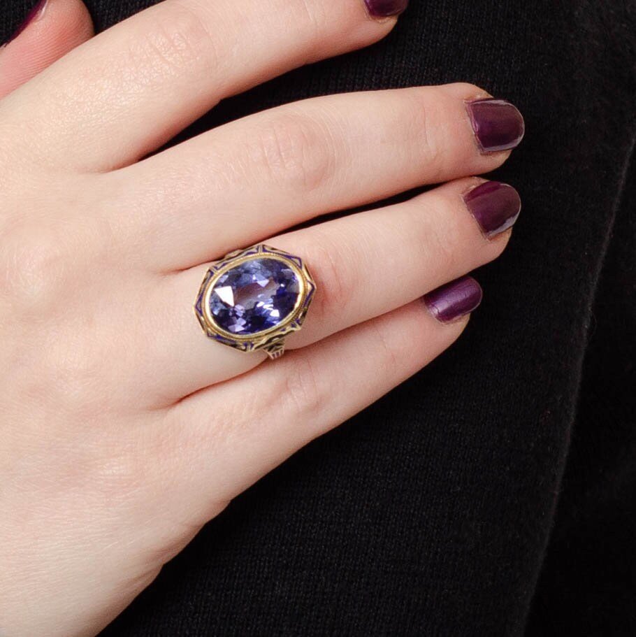 Vintage Sapphire Ring | Synthetic Sapphire &amp; Enamel Ring - Trademark Antiques