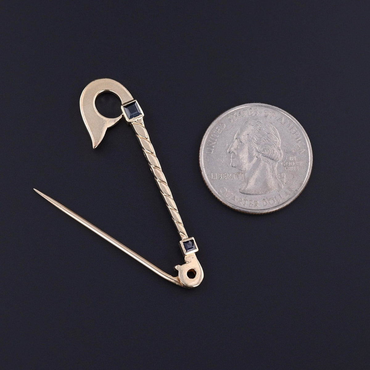 Vintage Sapphire Safety Pin of 12ct Gold - Trademark Antiques
