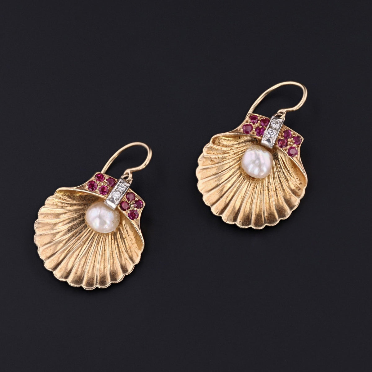 Vintage Shell Earrings | Seashell Earrings with Pearls Rubies &amp; Diamonds - Trademark Antiques