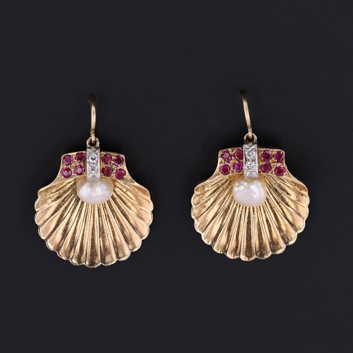 Vintage Shell Earrings | Seashell Earrings with Pearls Rubies &amp; Diamonds - Trademark Antiques