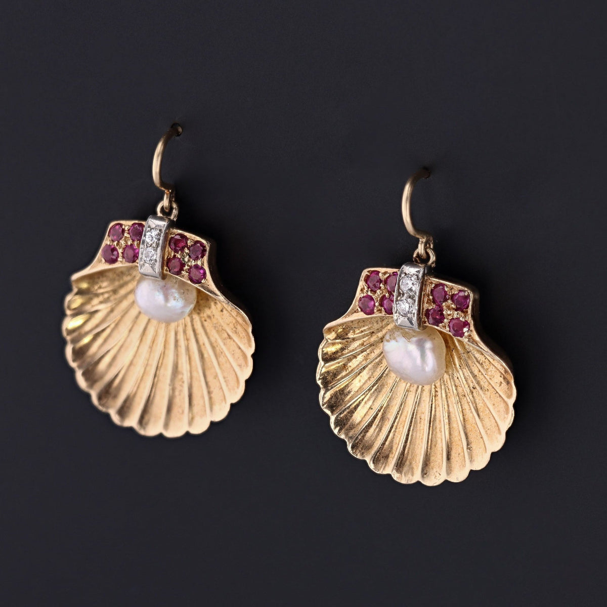 Vintage Shell Earrings | Seashell Earrings with Pearls Rubies &amp; Diamonds - Trademark Antiques