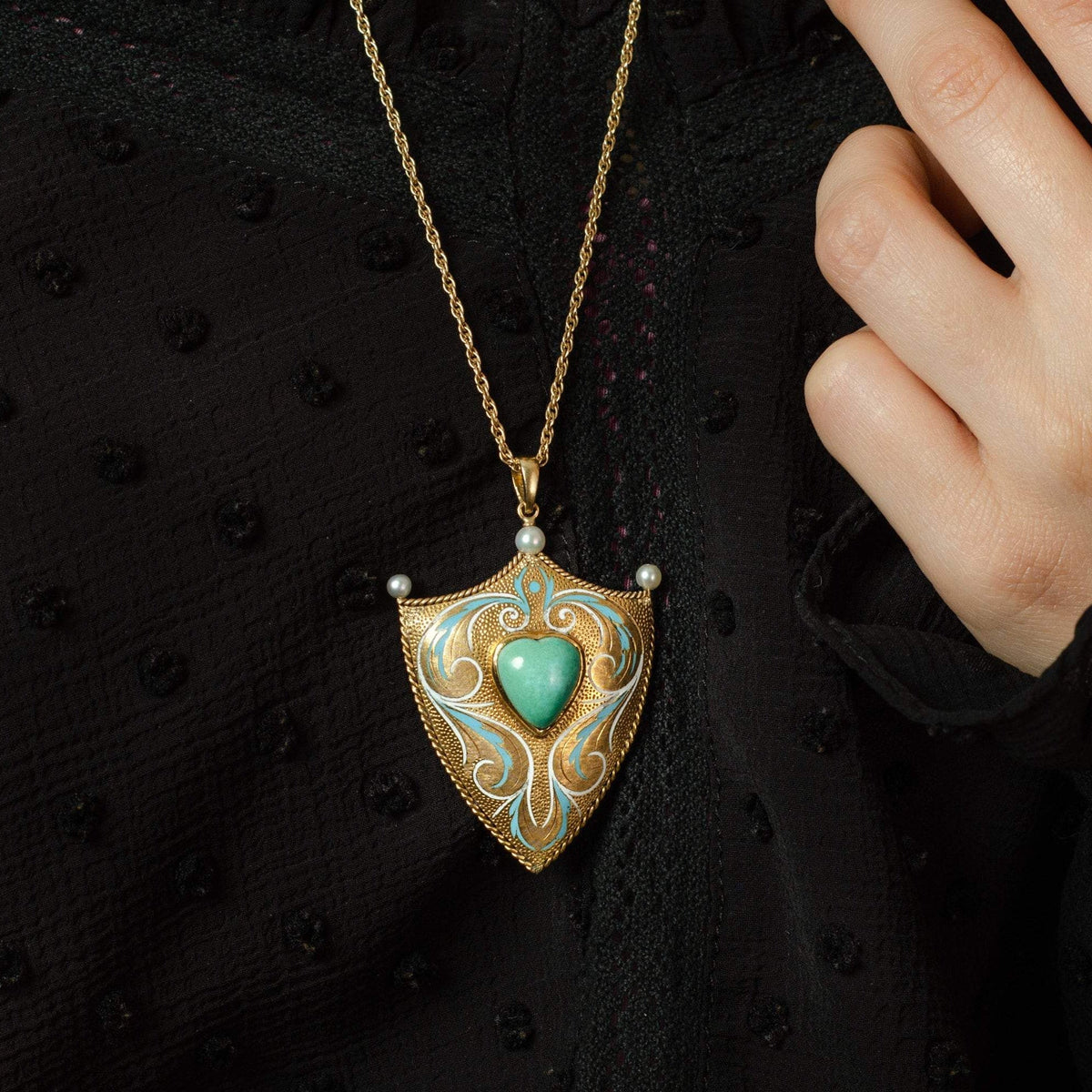 Vintage Shield Pendant | 18k Gold Turquoise Pearl &amp; Enamel Shield on Optional 14k Chain - Trademark Antiques