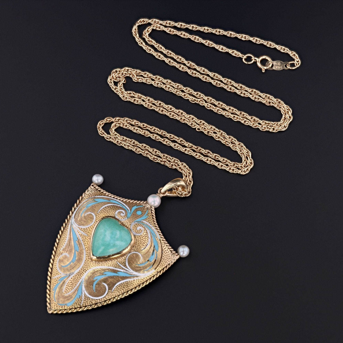 Vintage Shield Pendant | 18k Gold Turquoise Pearl &amp; Enamel Shield on Optional 14k Chain - Trademark Antiques