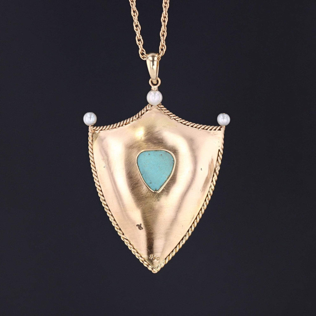 Vintage Shield Pendant | 18k Gold Turquoise Pearl &amp; Enamel Shield on Optional 14k Chain - Trademark Antiques