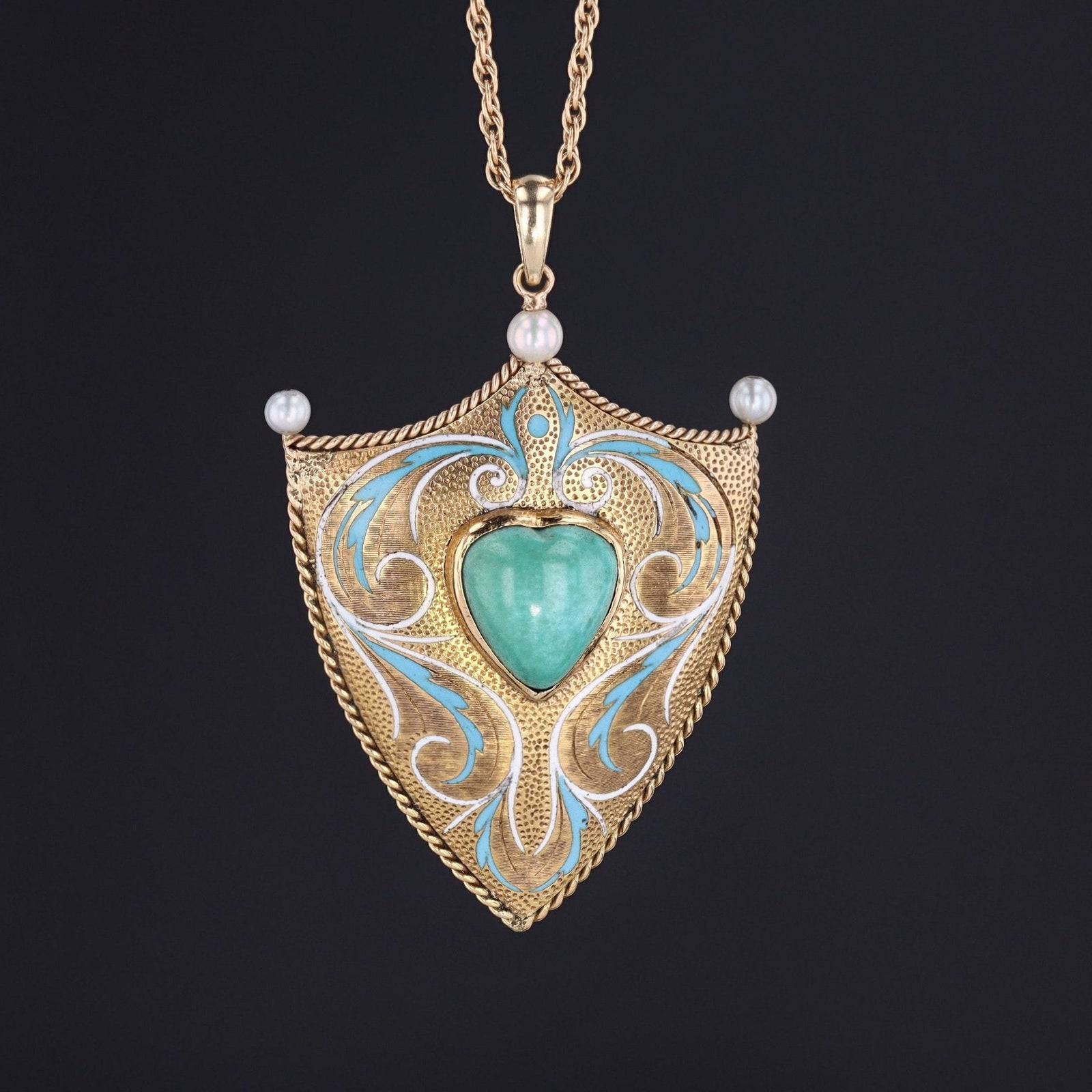 Vintage Shield Pendant | 18k Gold Turquoise Pearl & Enamel Shield on Optional 14k Chain - Trademark Antiques