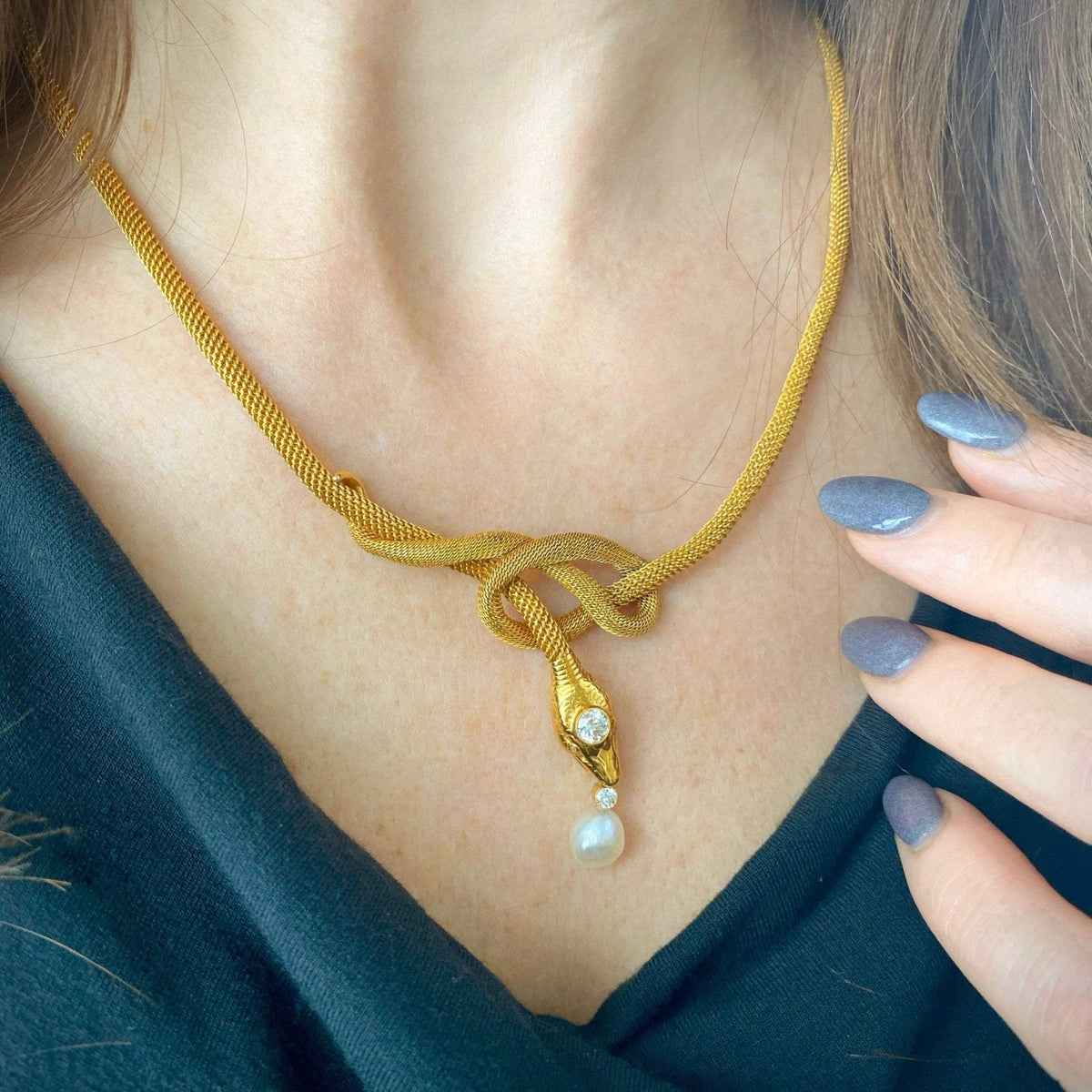 Vintage Snake Necklace | Diamond &amp; Pearl Snake Necklace - Trademark Antiques